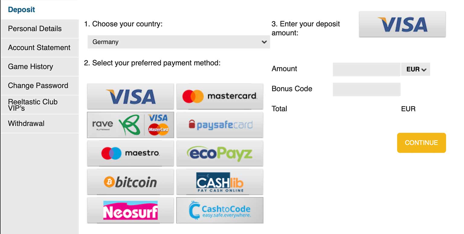 Reeltastic Casino Zahlungsmethoden