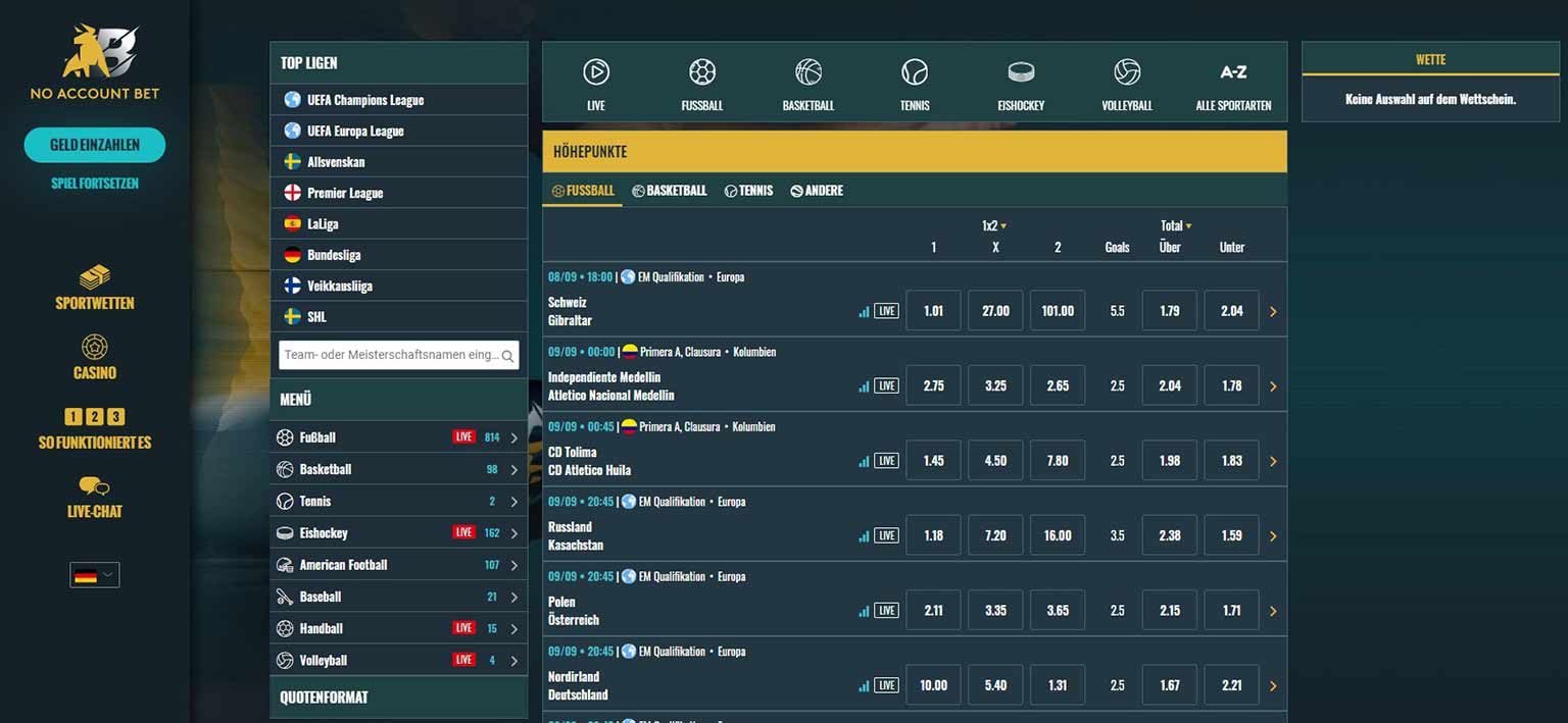 Sportwettenmärkte von No Account Bet