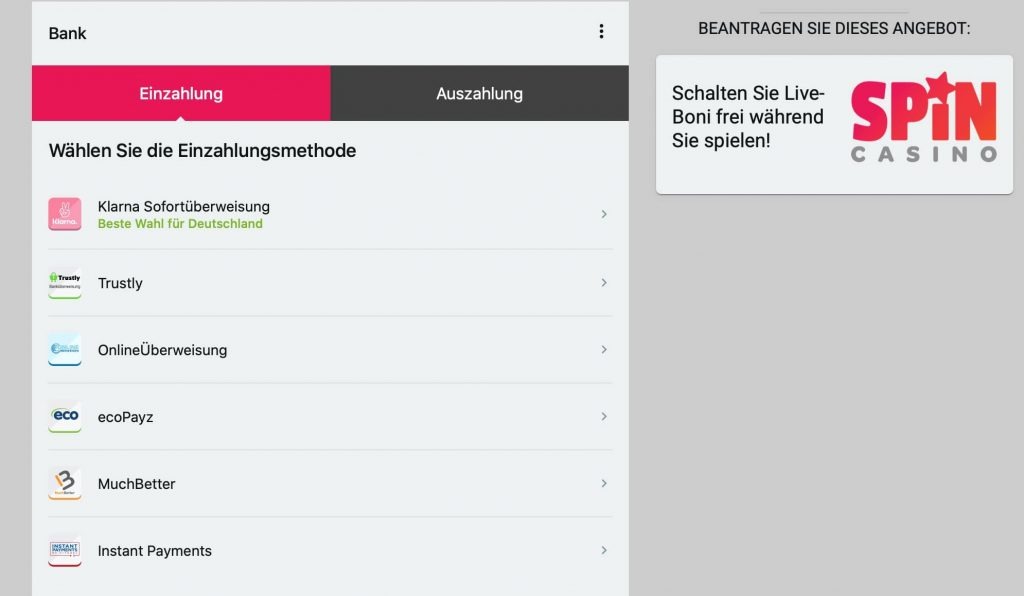 Spin Casino Zahlungsmethoden